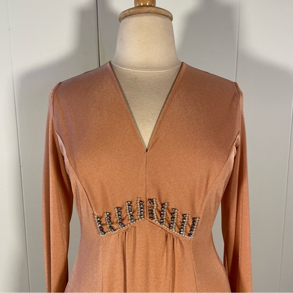 Vintage 70s V-Neck Dress Women’s XL Beaded Long Sleeve‎ Maxi Hippie Glam - Picture 2 of 9